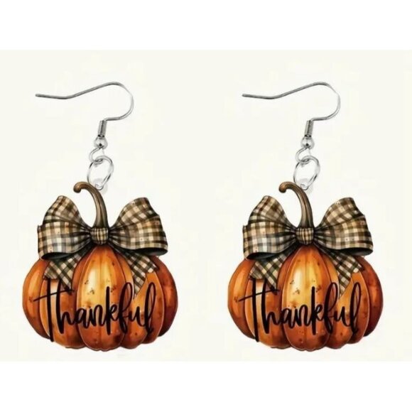 Thankful Thanksgiving Fall Pumpkin Earrings With Plaid Bow‎ NEW - Picture 1 of 4